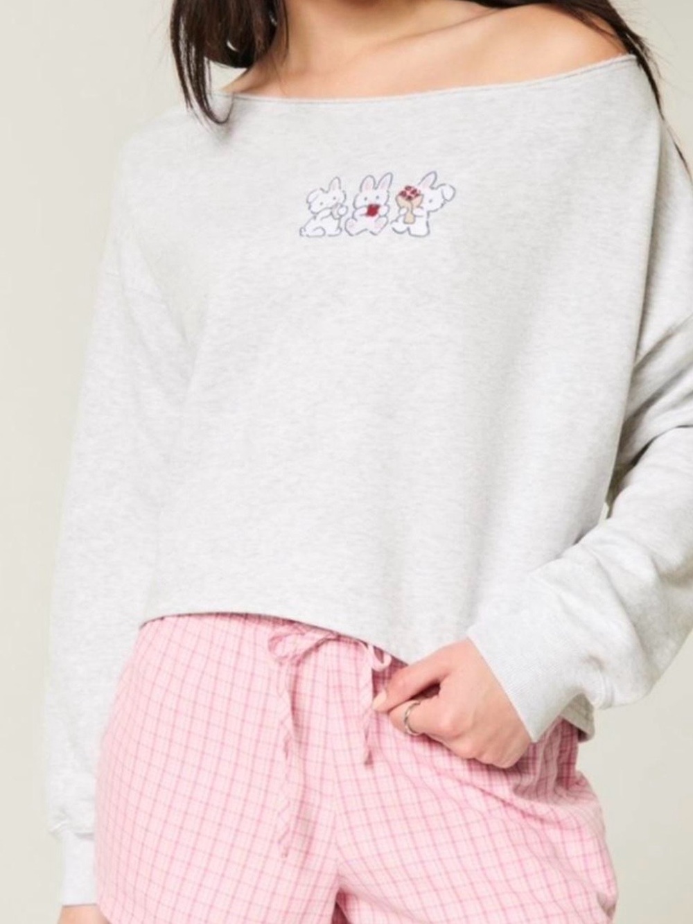 Hollister Light Gray Off-Shoulder Sweater with Bunny Trio Embroidery